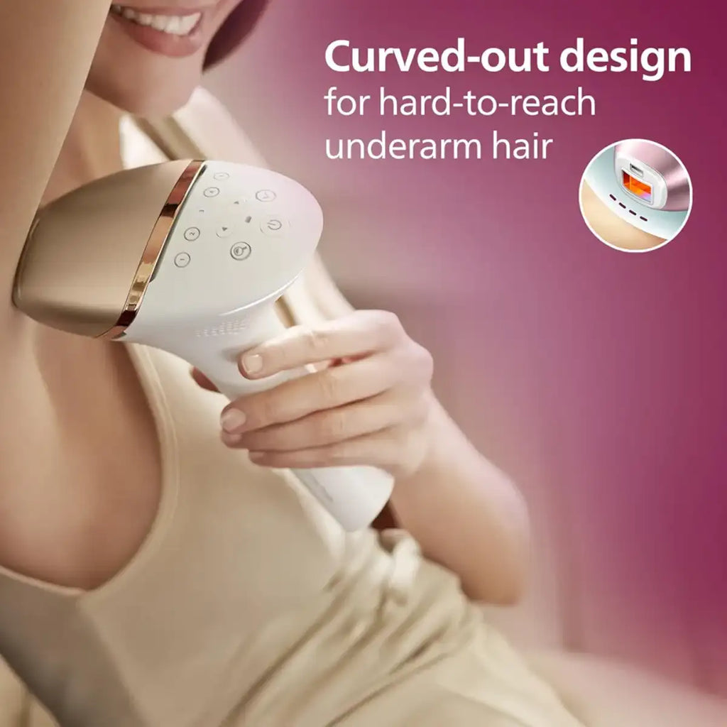 Person using a hair removal device with text on a pink background