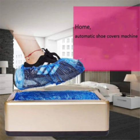 Automatic shoe covers machine in a bedroom setting with a person's foot stepping into it.