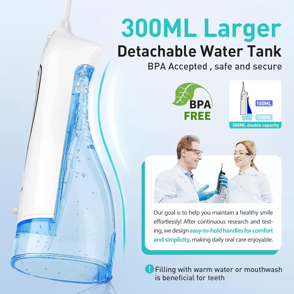 Detachable water tank with text highlighting larger capacity and BPA-free feature, on a light blue background.