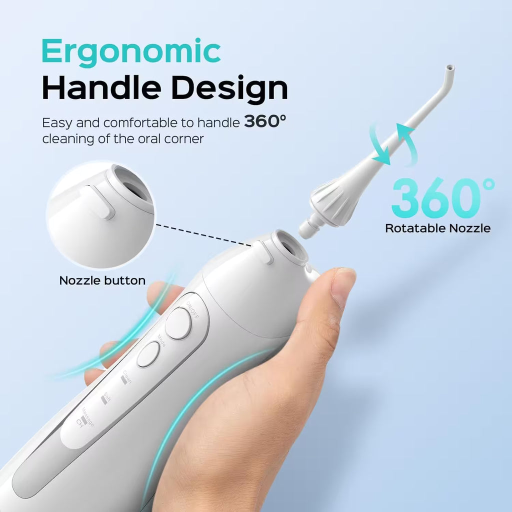 Hand holding a dental water flosser with ergonomic handle design features highlighted on a light blue background.