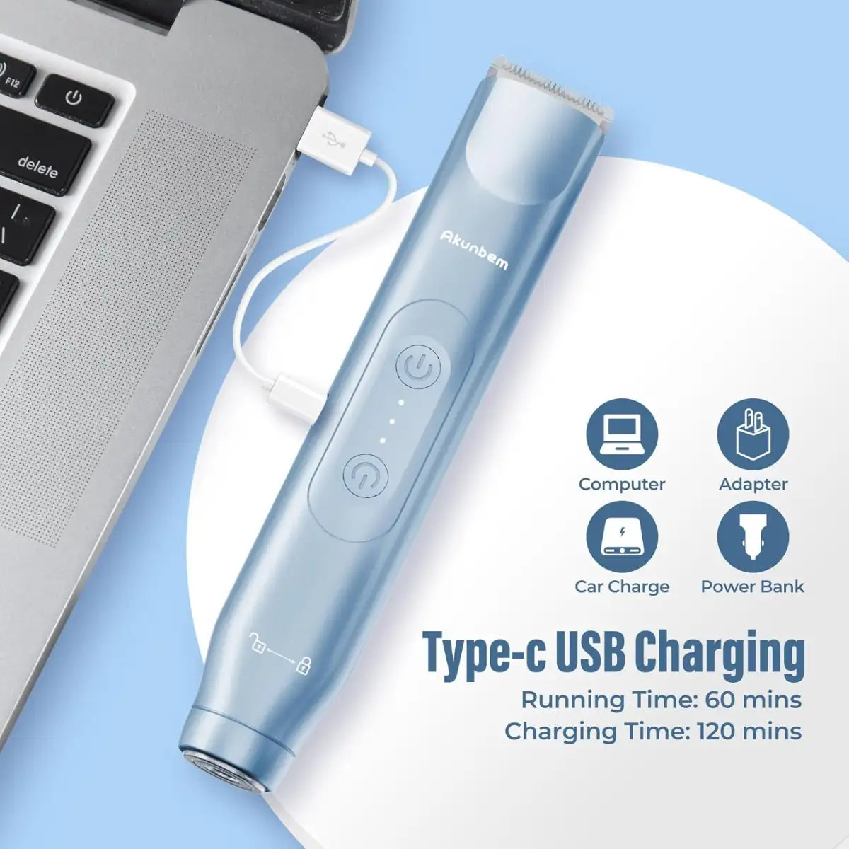 Blue electronic device with charging capabilities on a light blue background