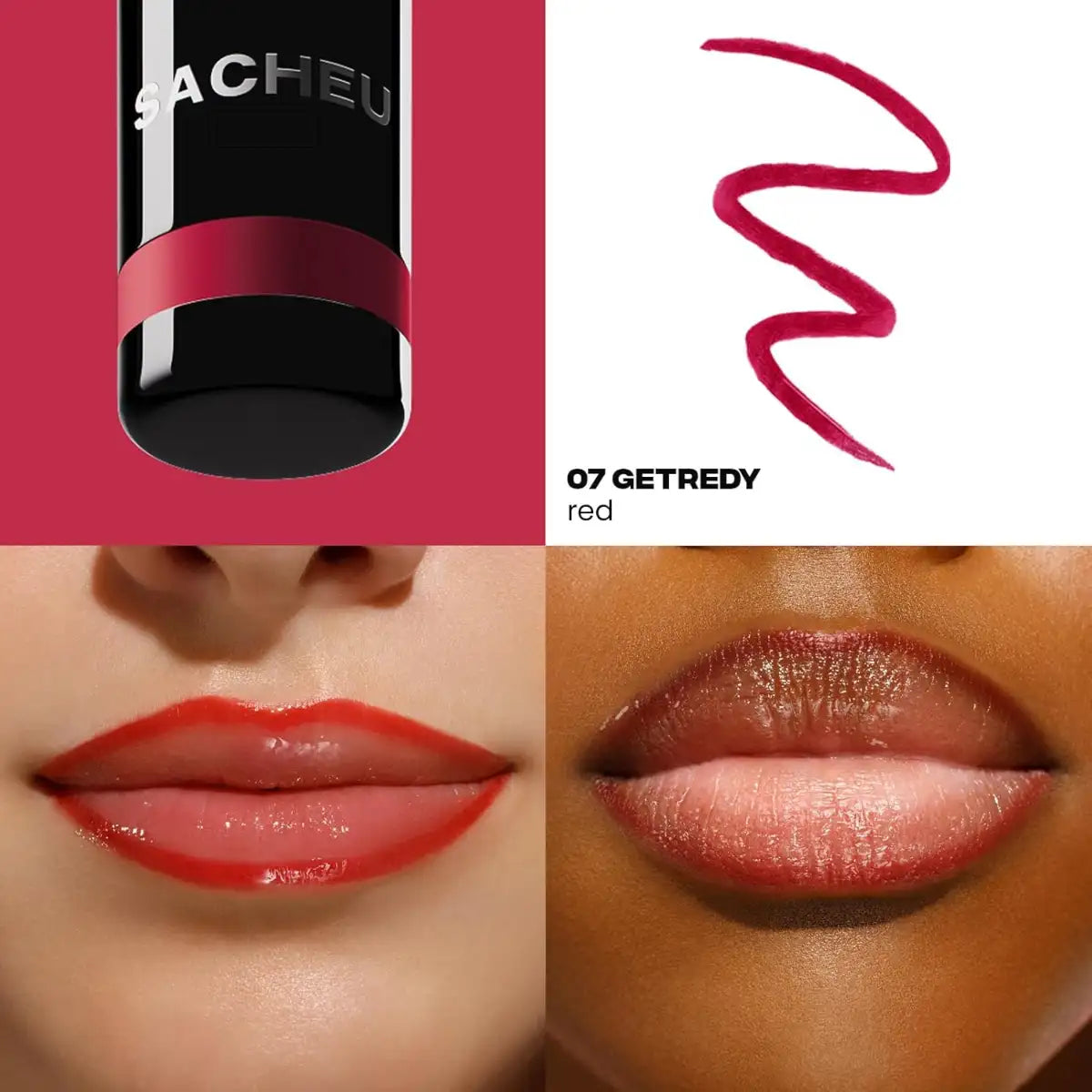 Lipstick with Sacher branding, color swatch, and application on lips.