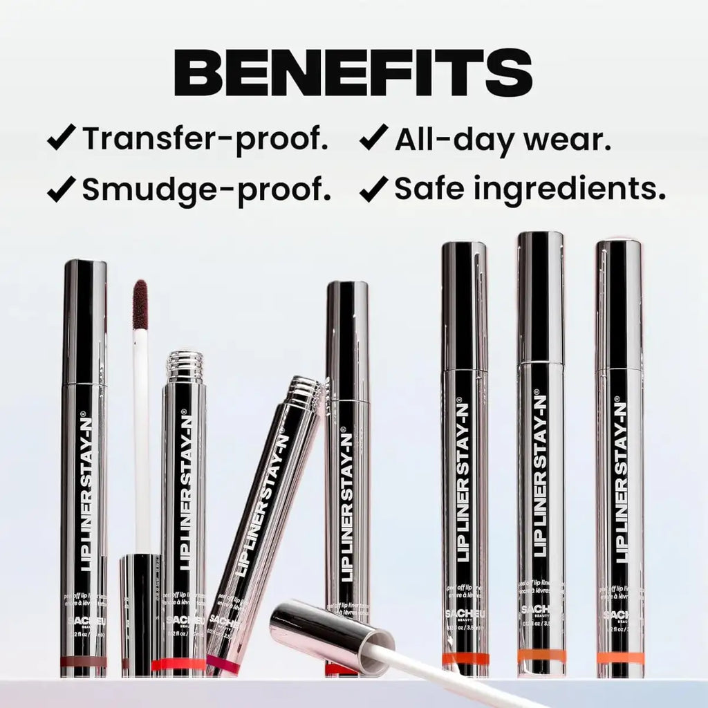 Lip liner products with 'Liner Stay N' branding on a white background, featuring text about product benefits.