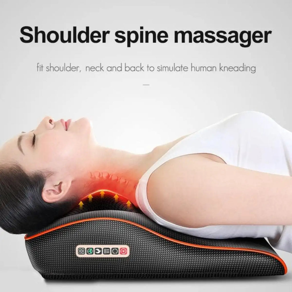 Woman using a shoulder spine massager with text on a gray background