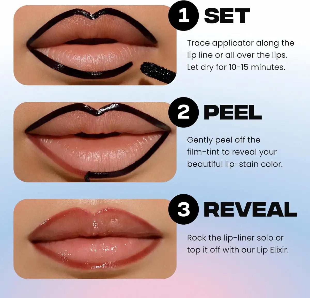 Step-by-step guide on applying lip liner with text instructions.
