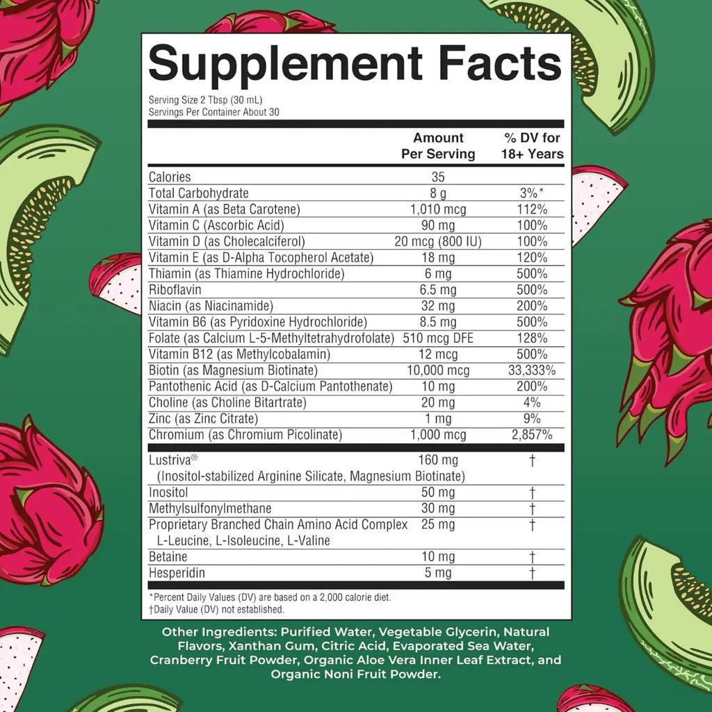 Supplement facts label with dragon fruit and kiwi illustrations on a green background