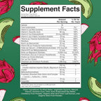 Supplement facts label with dragon fruit and kiwi illustrations on a green background