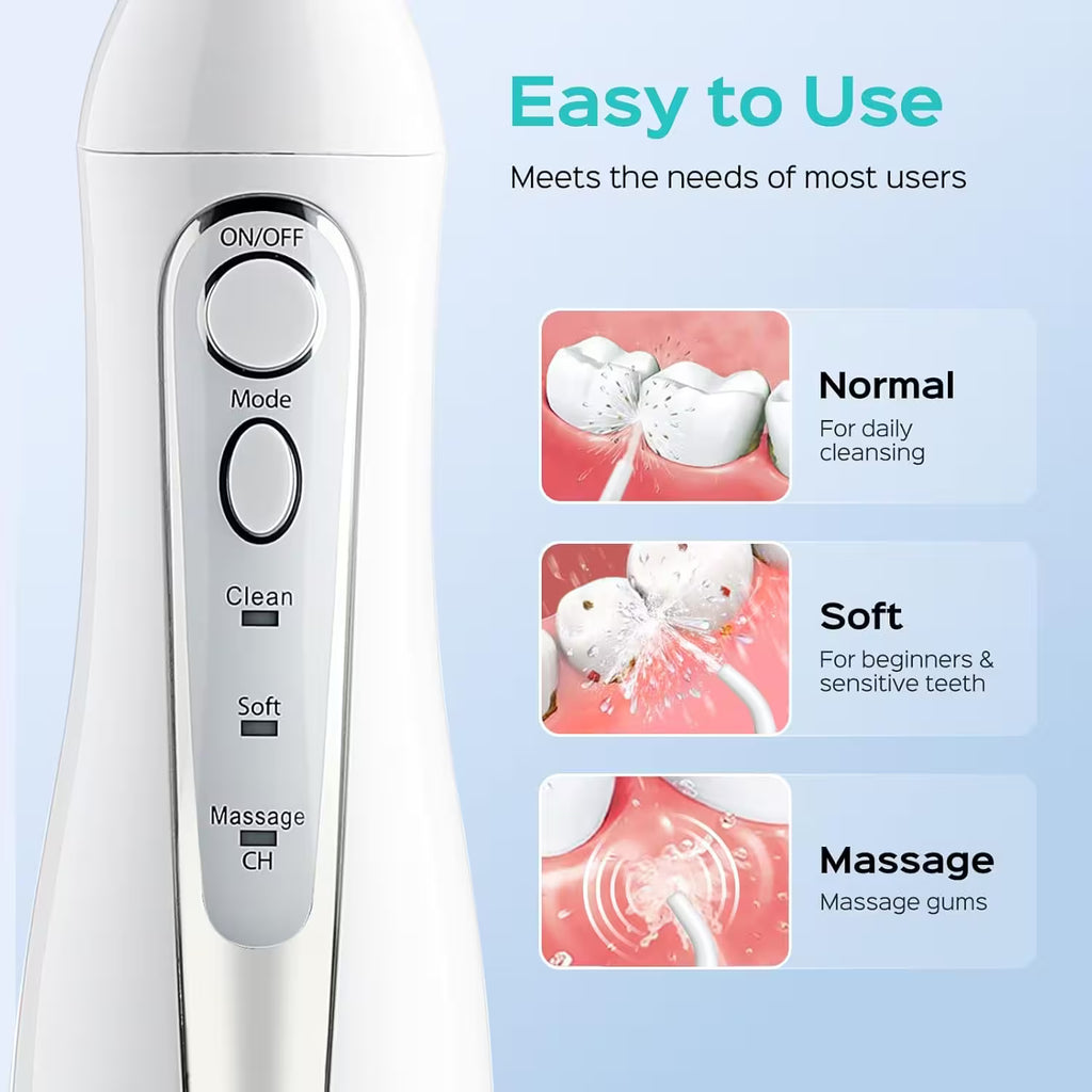 Toothbrush handle with control buttons and cleaning modes on a light blue background