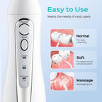 Toothbrush handle with control buttons and cleaning modes on a light blue background