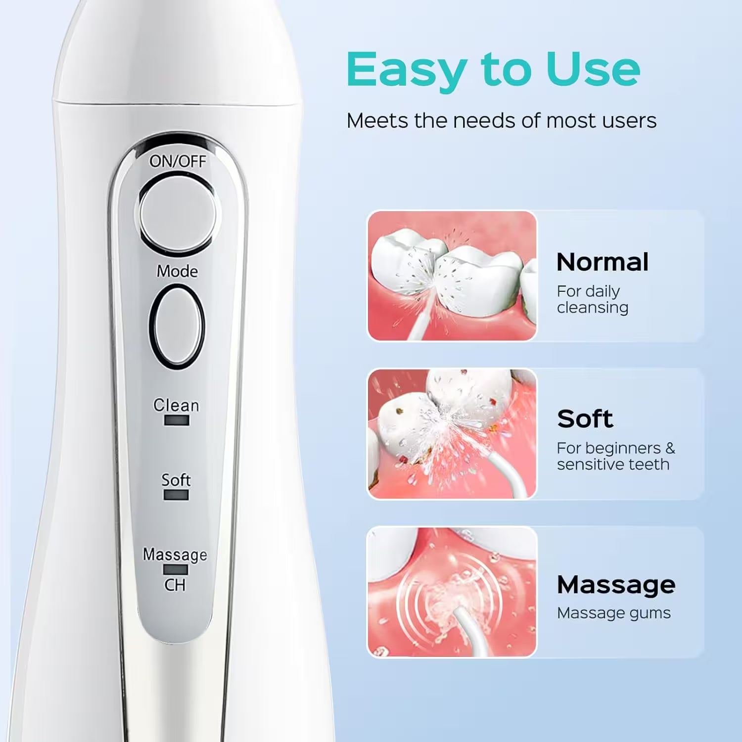 Toothbrush handle with control buttons and cleaning modes on a light blue background