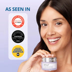 Woman holding a skincare product with awards displayed on a light purple background