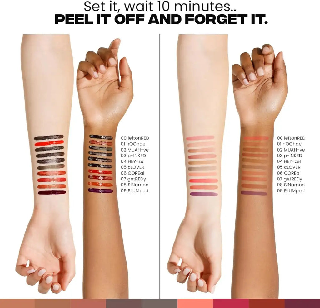 Wrist swatches of lipsticks on two different skin tones with text instructions.