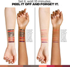 Wrist swatches of lipsticks on two different skin tones with text instructions.