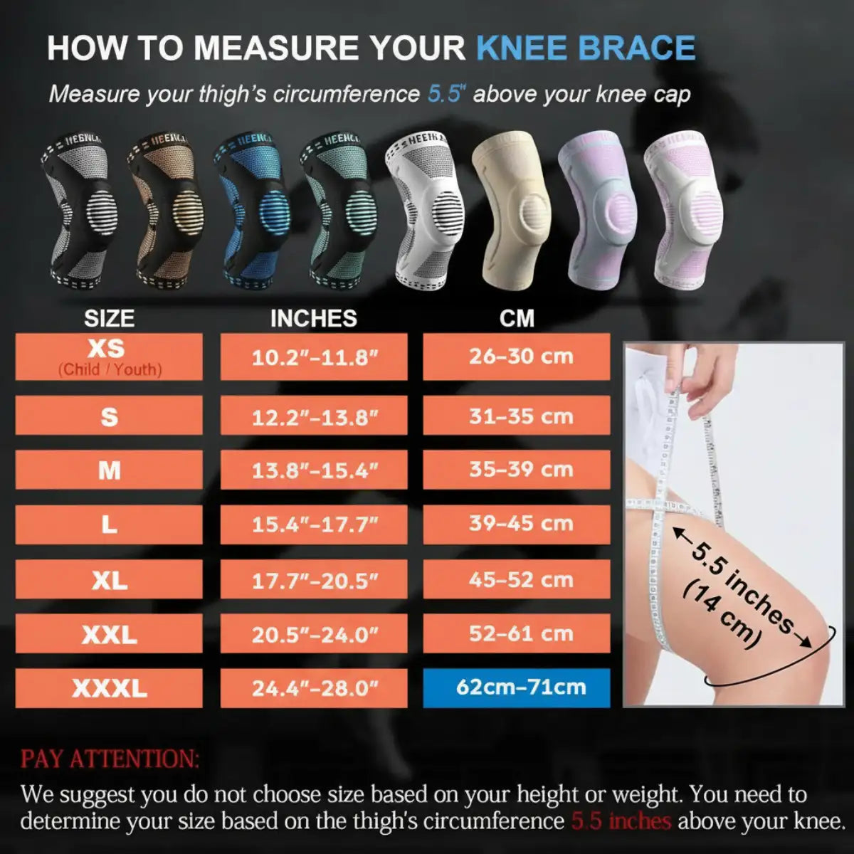 Measurement chart for knee braces with sizes, measurements in inches and centimeters, and a visual guide on how to measure.