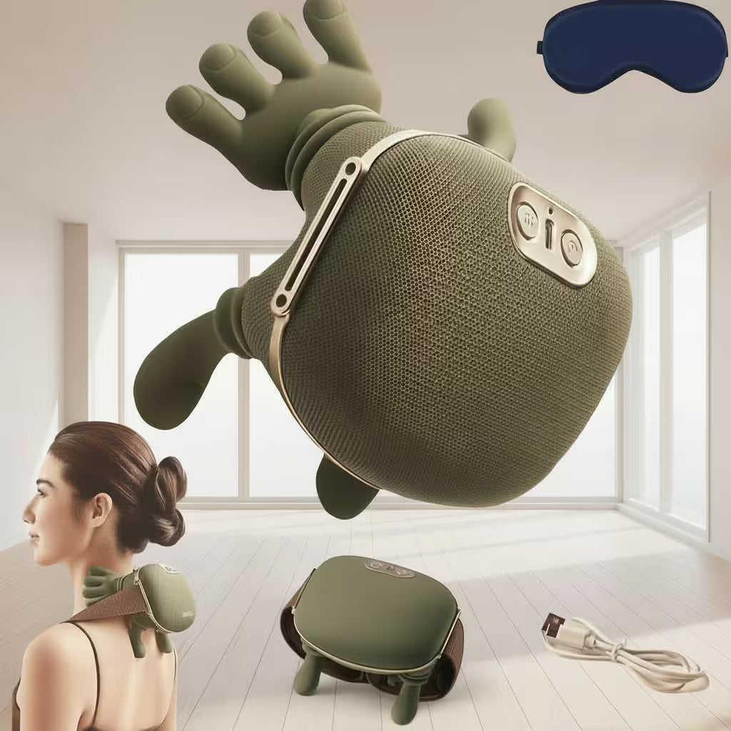 Green massage device with various attachments in a room setting