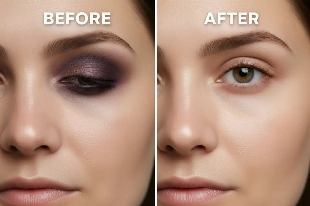 Before and after makeup comparison of a woman's eye area.