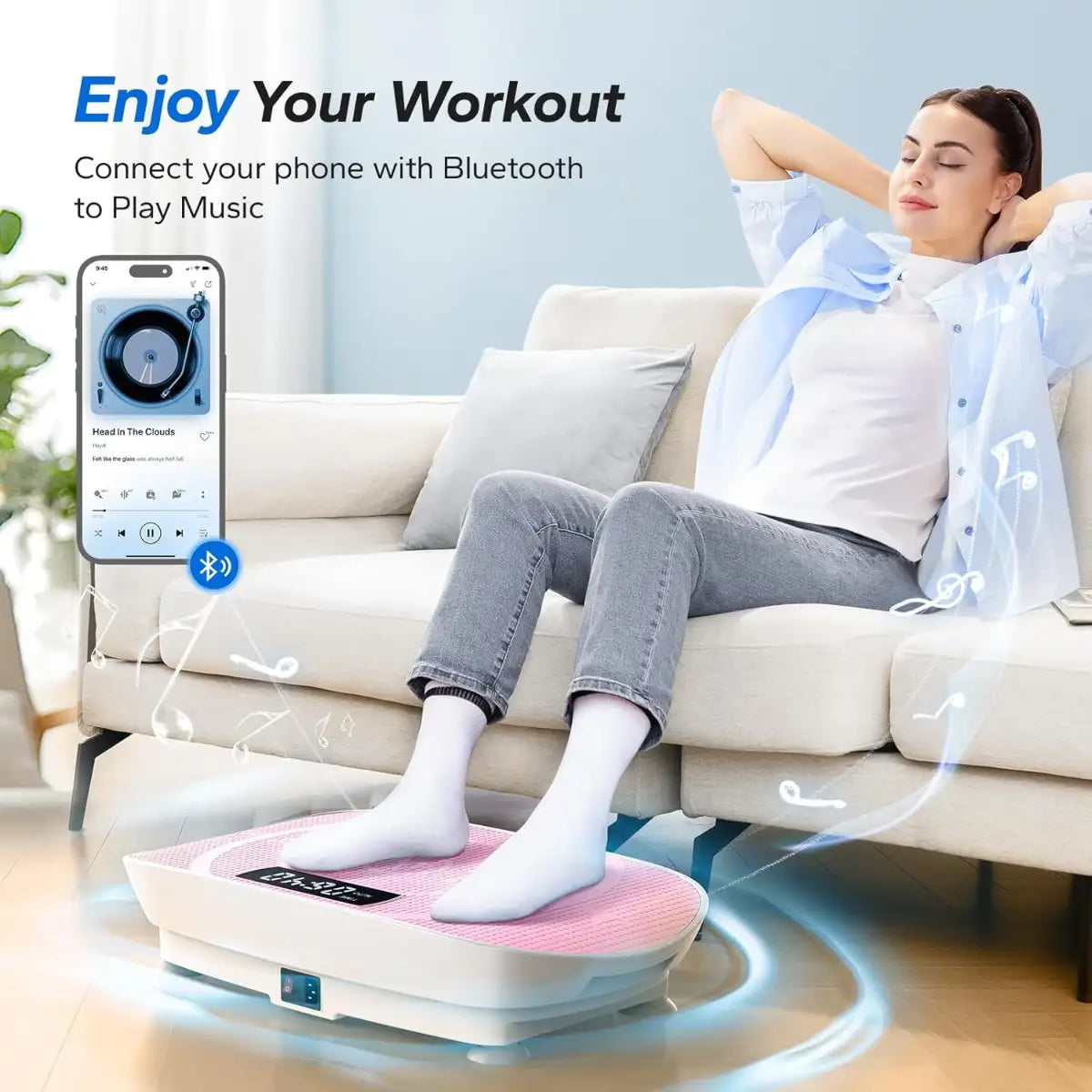 Woman using a vibration plate with Bluetooth music connection on a couch