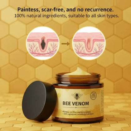 Jar of bee venom cream with honeycomb background and text about natural ingredients.