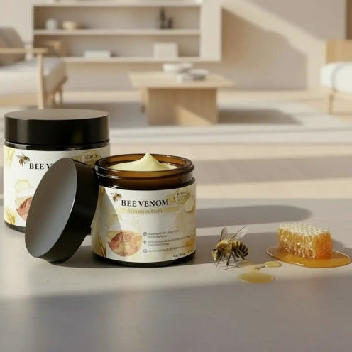 Jar of 'Bee Venom' cream with a honeycomb and bee on a neutral background