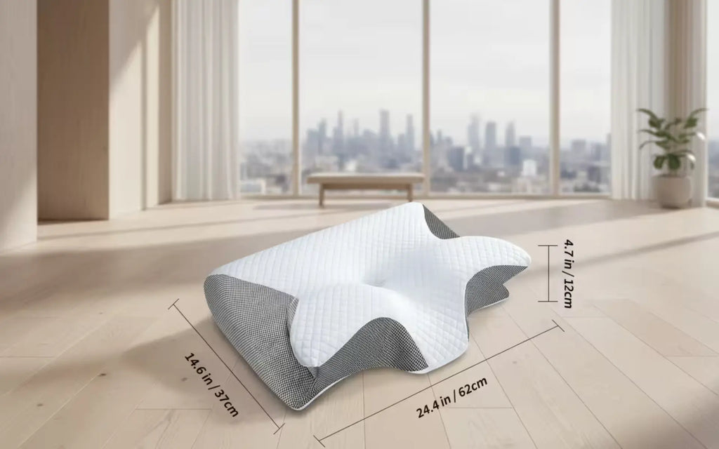 Ergonomic pillow with dimensions displayed on a wooden floor with a cityscape view.
