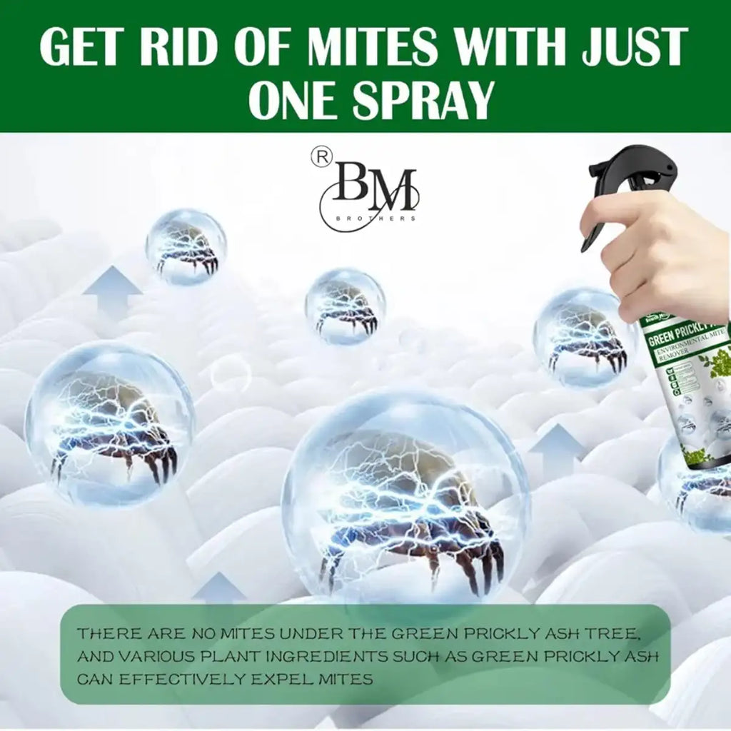 Advertisement for a mite-killing spray with a hand holding a spray bottle over a mattress.