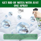 Advertisement for a mite-killing spray with a hand holding a spray bottle over a mattress.