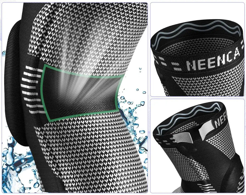 Black and gray knee brace with 'HEENCA' branding on a white background