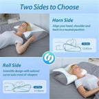 Woman lying on a bed with a neck pillow, showing two sides of the pillow.