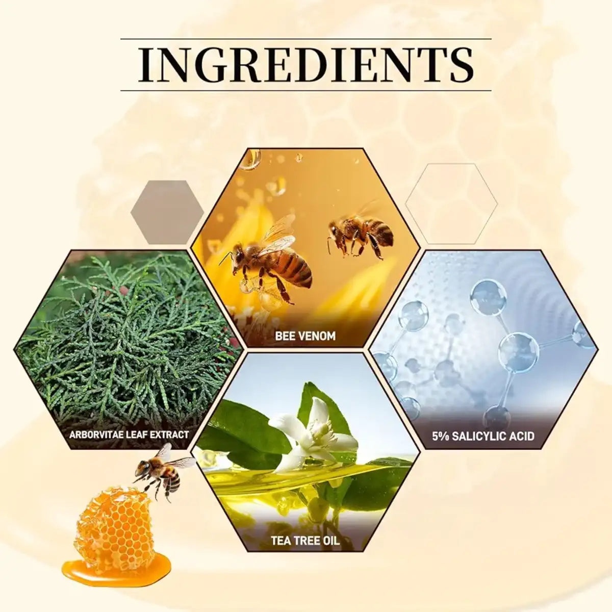 Ingredients of a skincare product displayed in hexagonal sections with honeycomb design.
