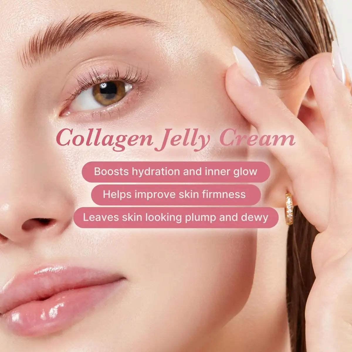 Woman applying collagen jelly cream to her face with product benefits displayed.