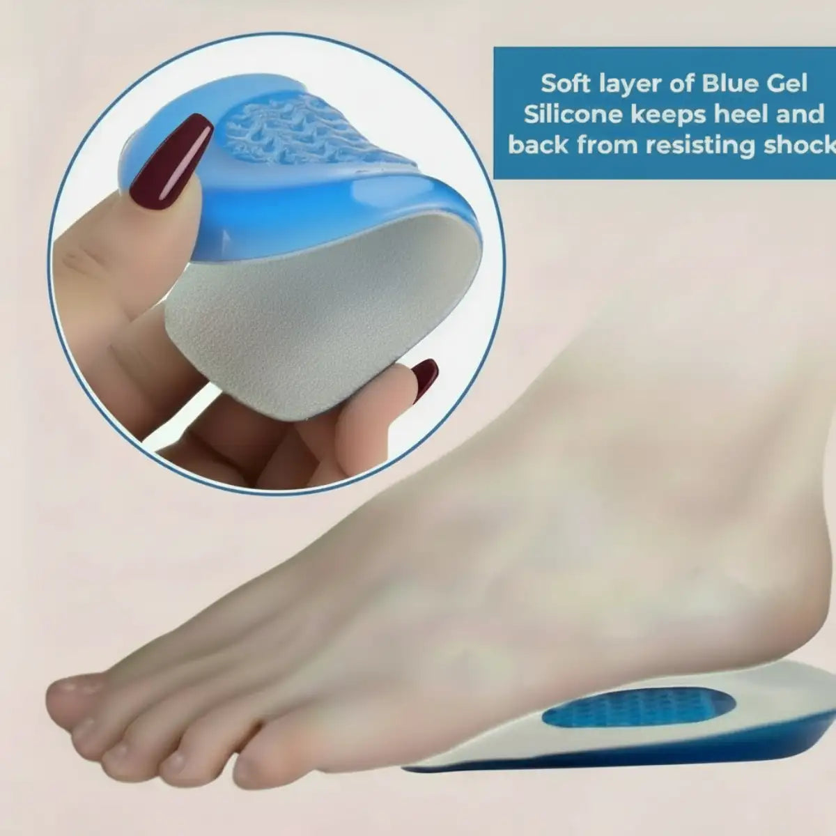 Foot with a blue gel silicone insole and close-up of the gel layer.