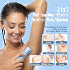 Woman using a 2-in-1 multifunctional shaver on her arm with product features highlighted.