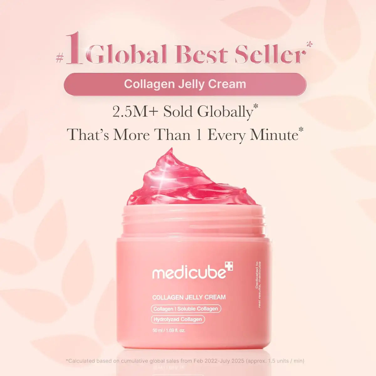 Pink collagen jelly cream jar with 'medicube' branding on a soft pink background