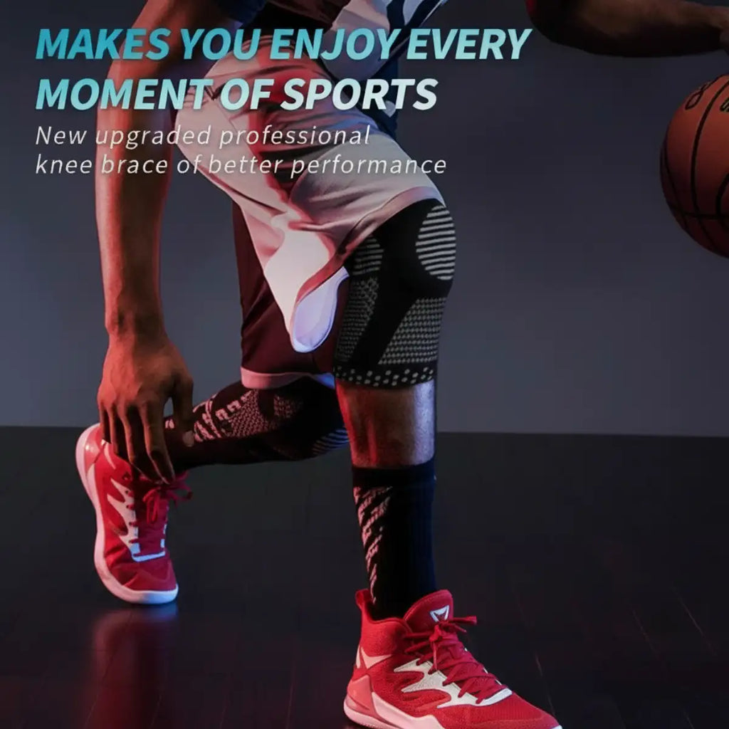 Person wearing a knee brace with text about sports performance and a basketball.