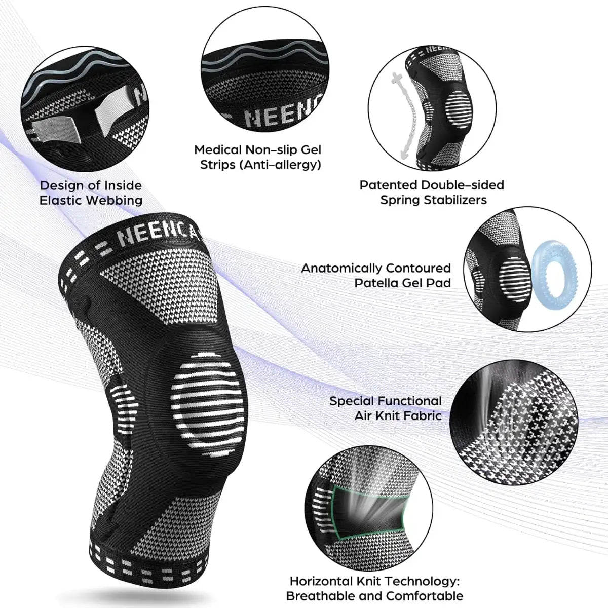 Black knee brace with features highlighted on a white background