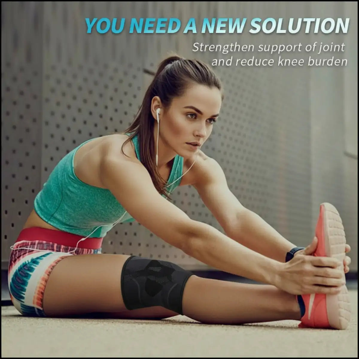 Woman stretching with a knee brace on, promoting joint support and reduced knee burden.