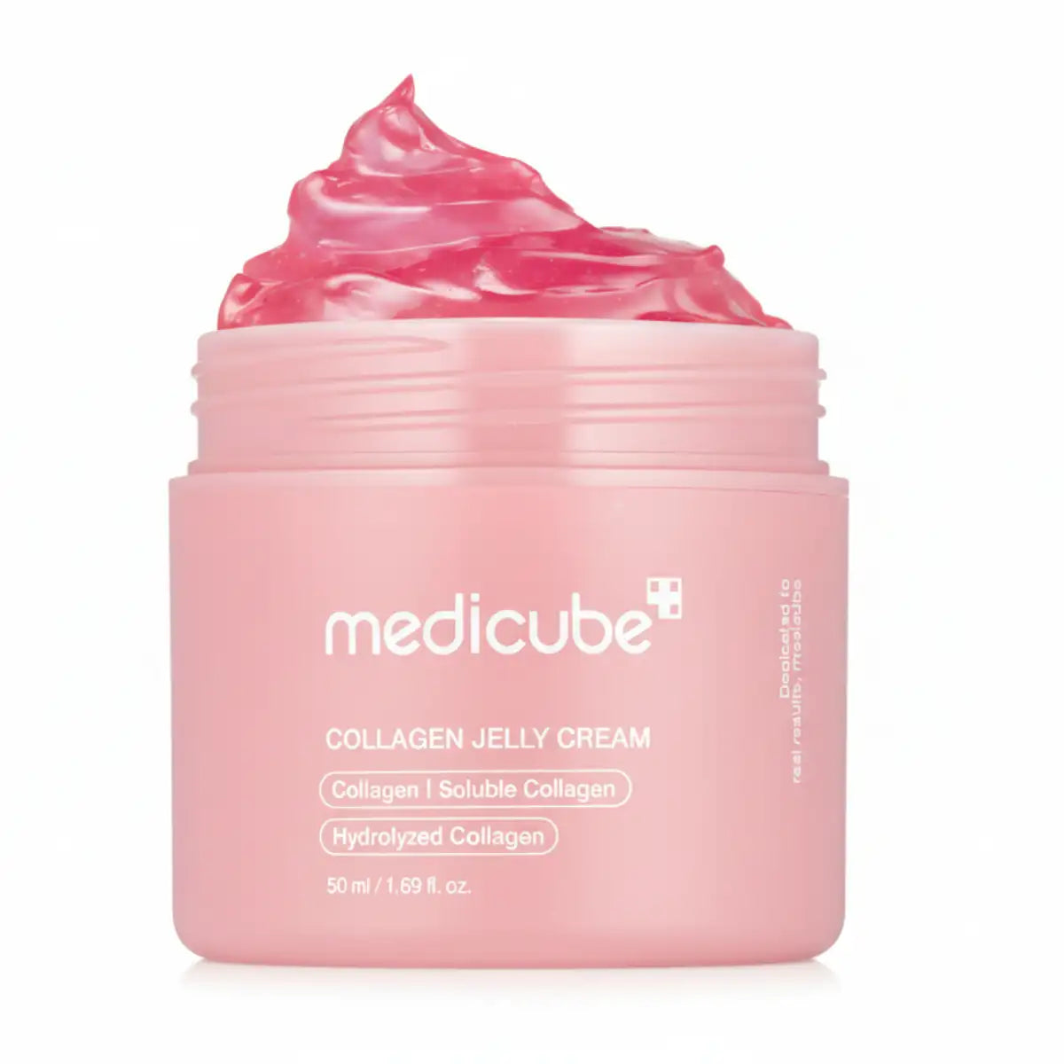 Pink jar of Medicube Collagen Jelly Cream with pink cream on top against a white background
