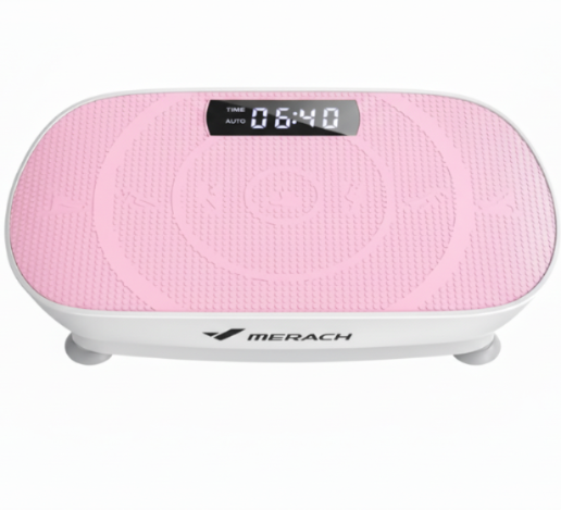 Pink vibration plate with digital display and Merach branding on a white background