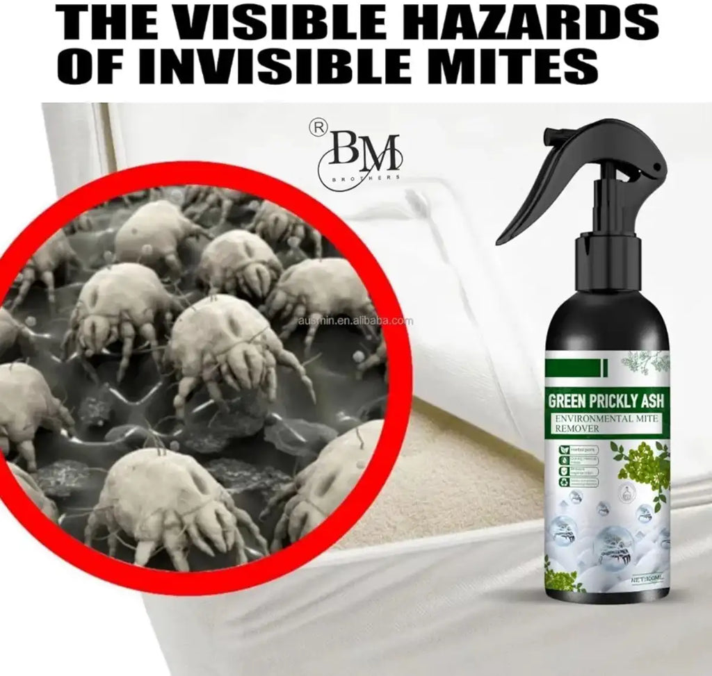 Spray bottle labeled 'Green Prickly Ash' next to an image of mites and text about invisible mites hazards.