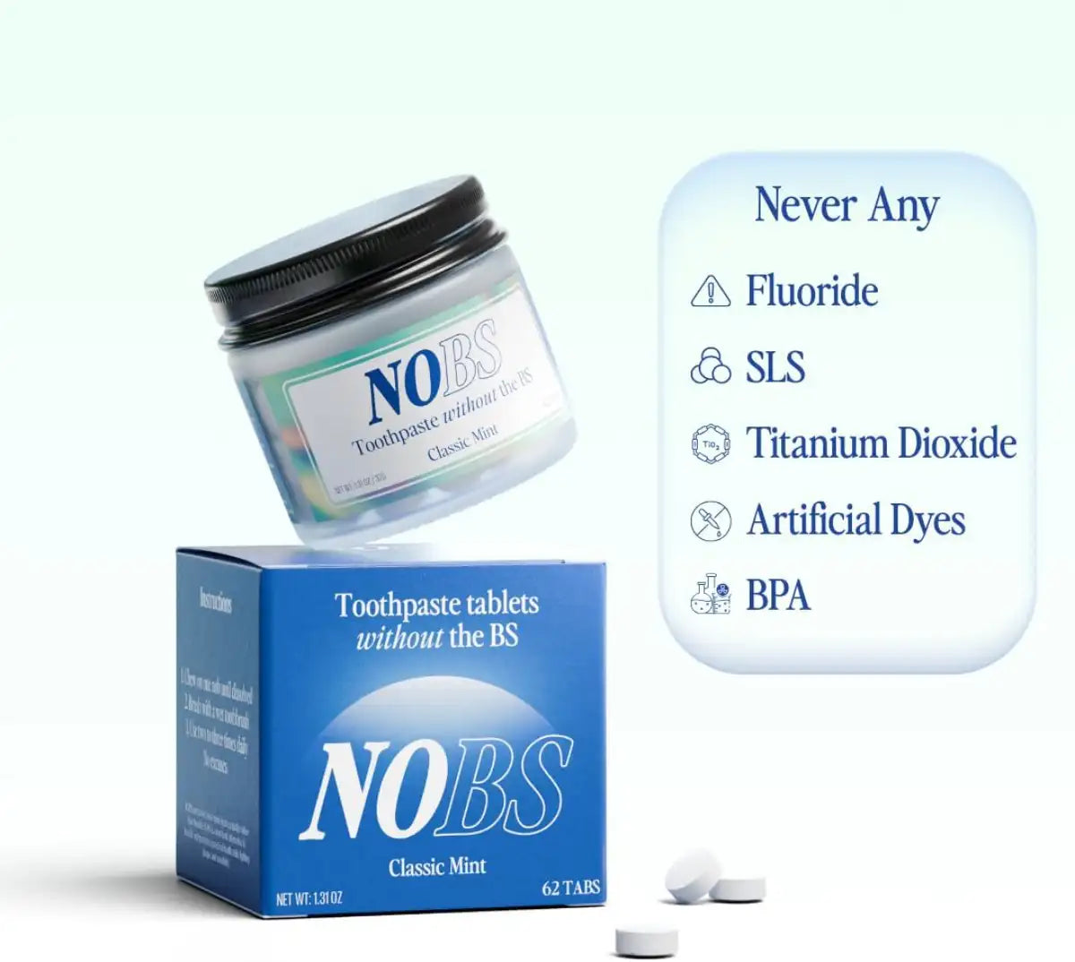 NOBS toothpaste tablets packaging with a jar and tablets on a light green background