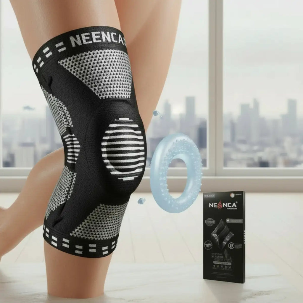 Black knee brace with white patterns worn by a person, placed on a surface with a cityscape in the background.