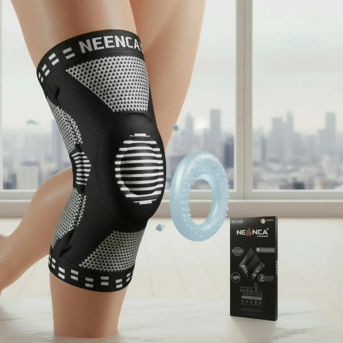 Black knee brace with white patterns worn by a person, placed on a surface with a cityscape in the background.