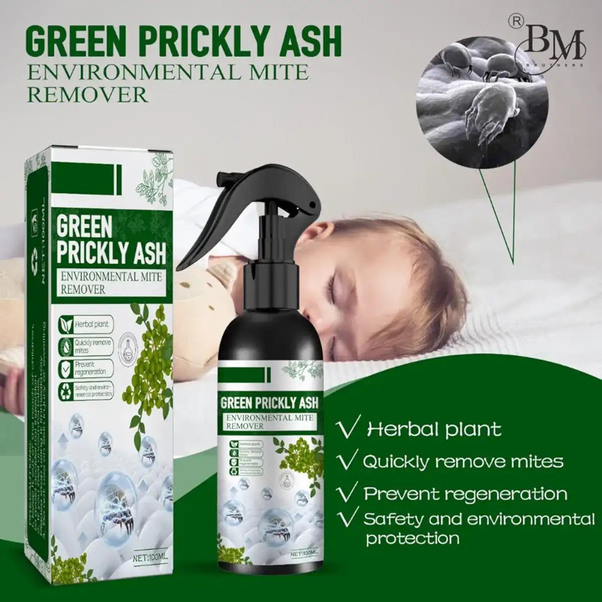 Green Prickly Ash Environmental Mite Remover with packaging and product image on a white background
