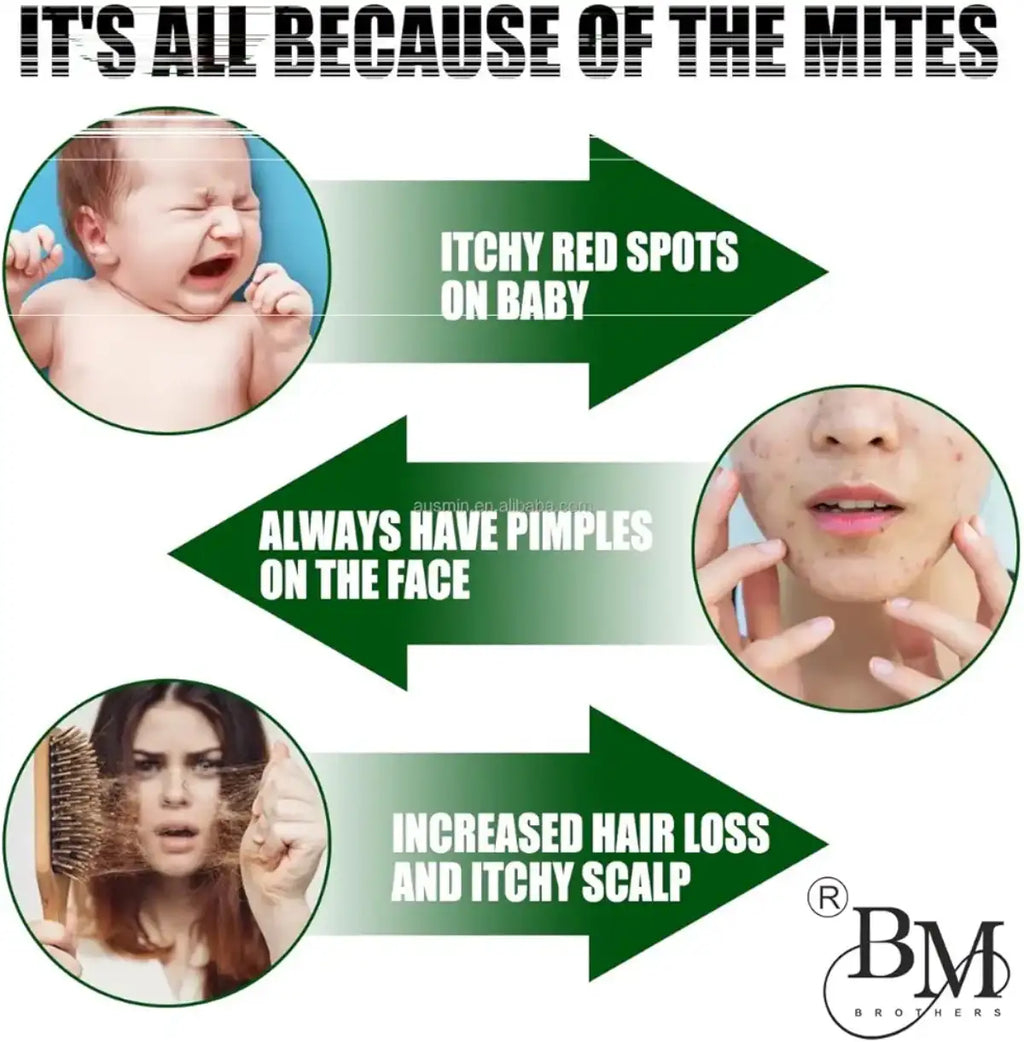Diagram showing symptoms of mite infestation on a baby with text and arrows pointing to different issues.