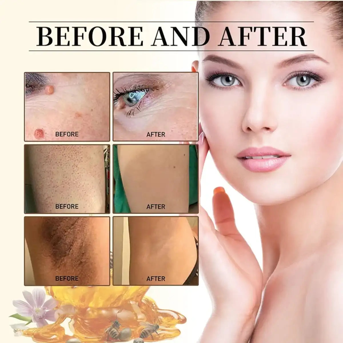 Before and after comparison of skin treatment with a woman's face and product shown.