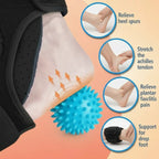 Blue massage ball with foot care illustrations and text on a peach background