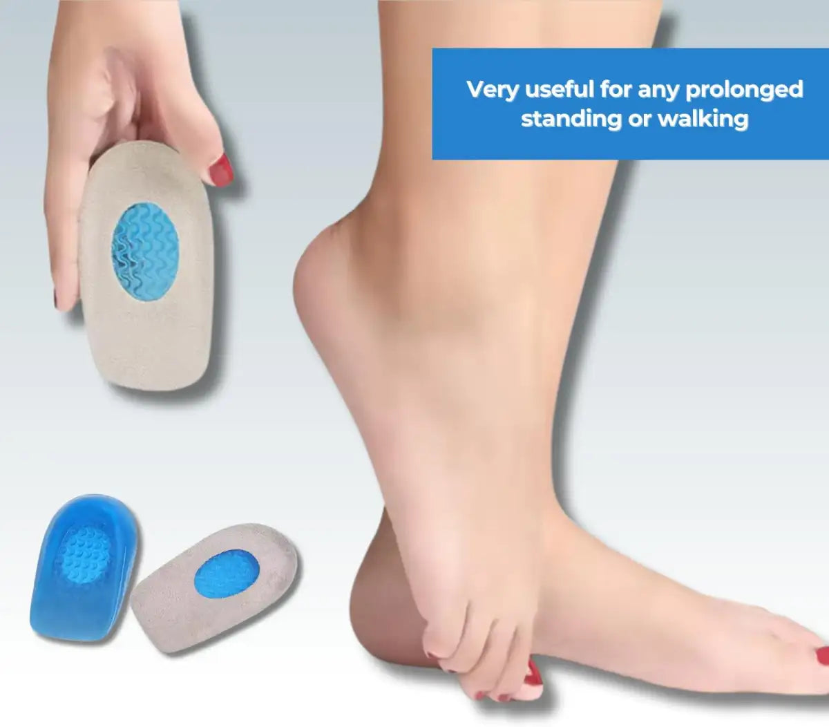 Insole with blue gel pad on foot, labeled for prolonged standing or walking