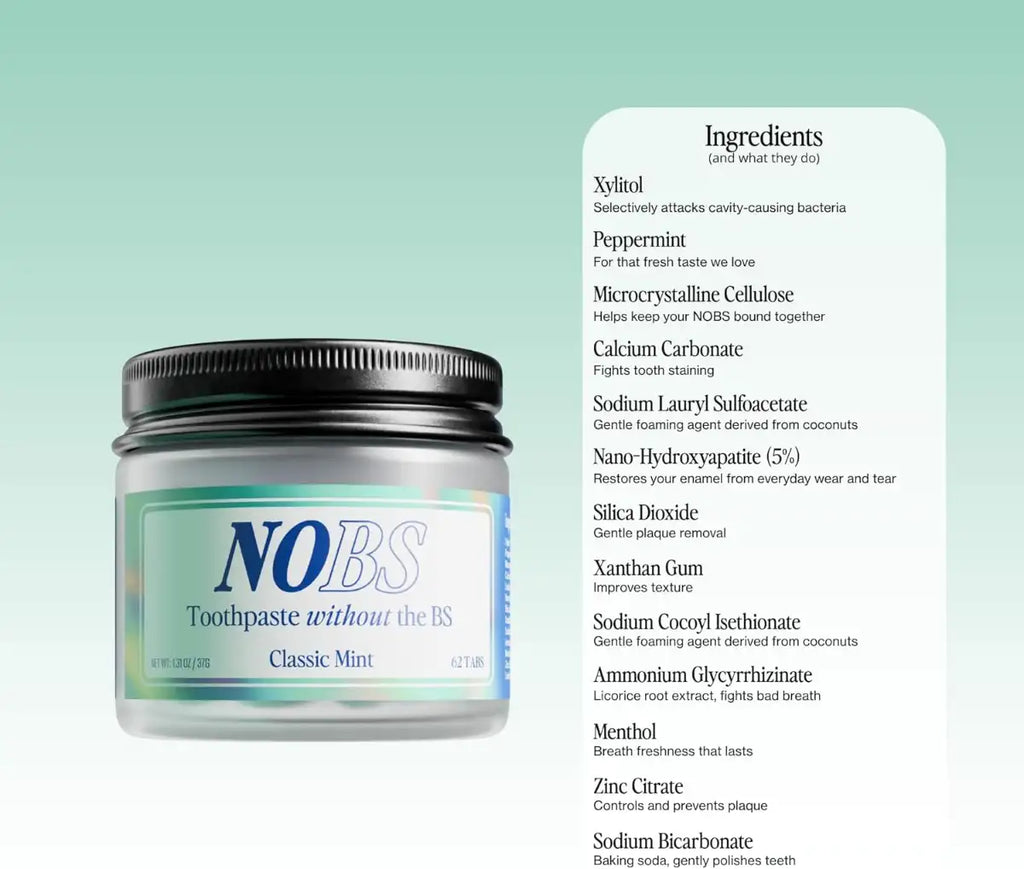 NOBS toothpaste jar with ingredient list on a light green background