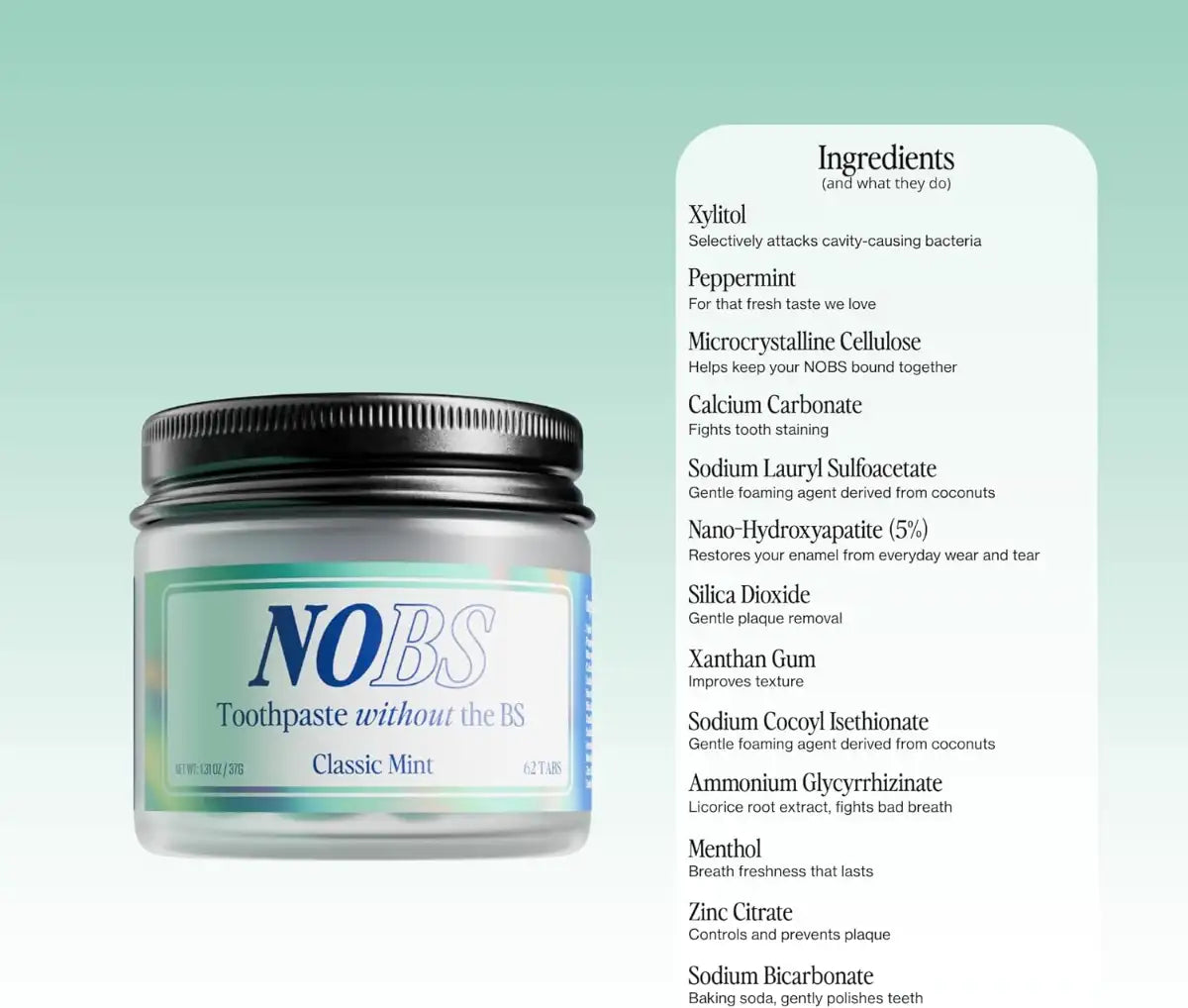NOBS toothpaste jar with ingredient list on a light green background