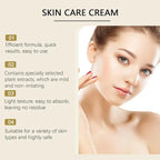 Advertisement for skin care cream with a woman's face and product benefits listed.